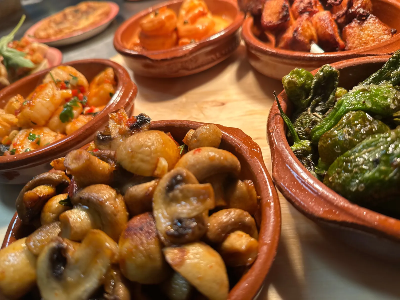Verschiedene Tapas in Terrakottaschalen mit Pilzen, Garnelen und grünen Paprika